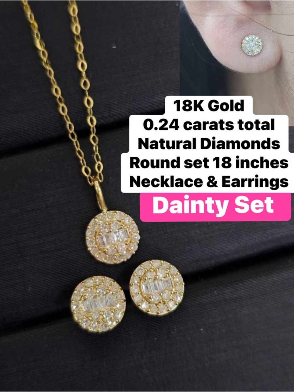 Dainty 18K Gold Diamond Necklace & Earrings Set - Gold 0.24 Ct total